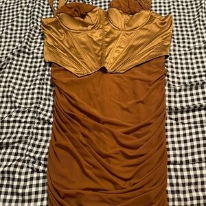 Fashion Nova Strapless Gold and Brown Dress